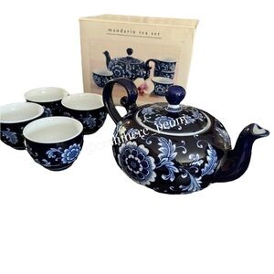 NIB Pier 1‎ Vintage Mandarin Porcelain Cobalt Blue Tea Set-Teapot and 4 Cups